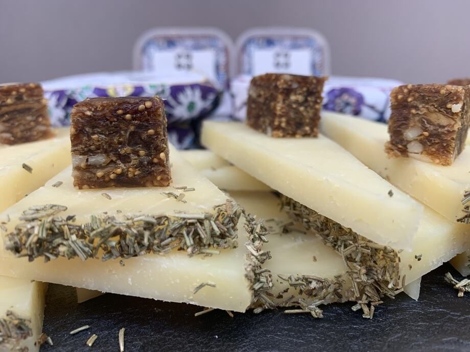 Deliart Fig Cake with almonds, a fun accompaniment to a cheese board and and salty meats.