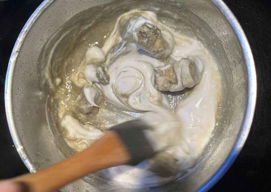 Add crumbled Cabrales cheese to the cream and stir until smooth.