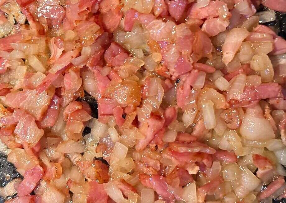 Brown the bacon and onion very well.